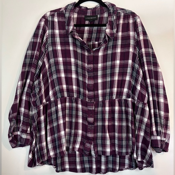 Lane Bryant Purple Plaid Button Front Peplum Tunic Top 26/28 - Picture 6 of 14